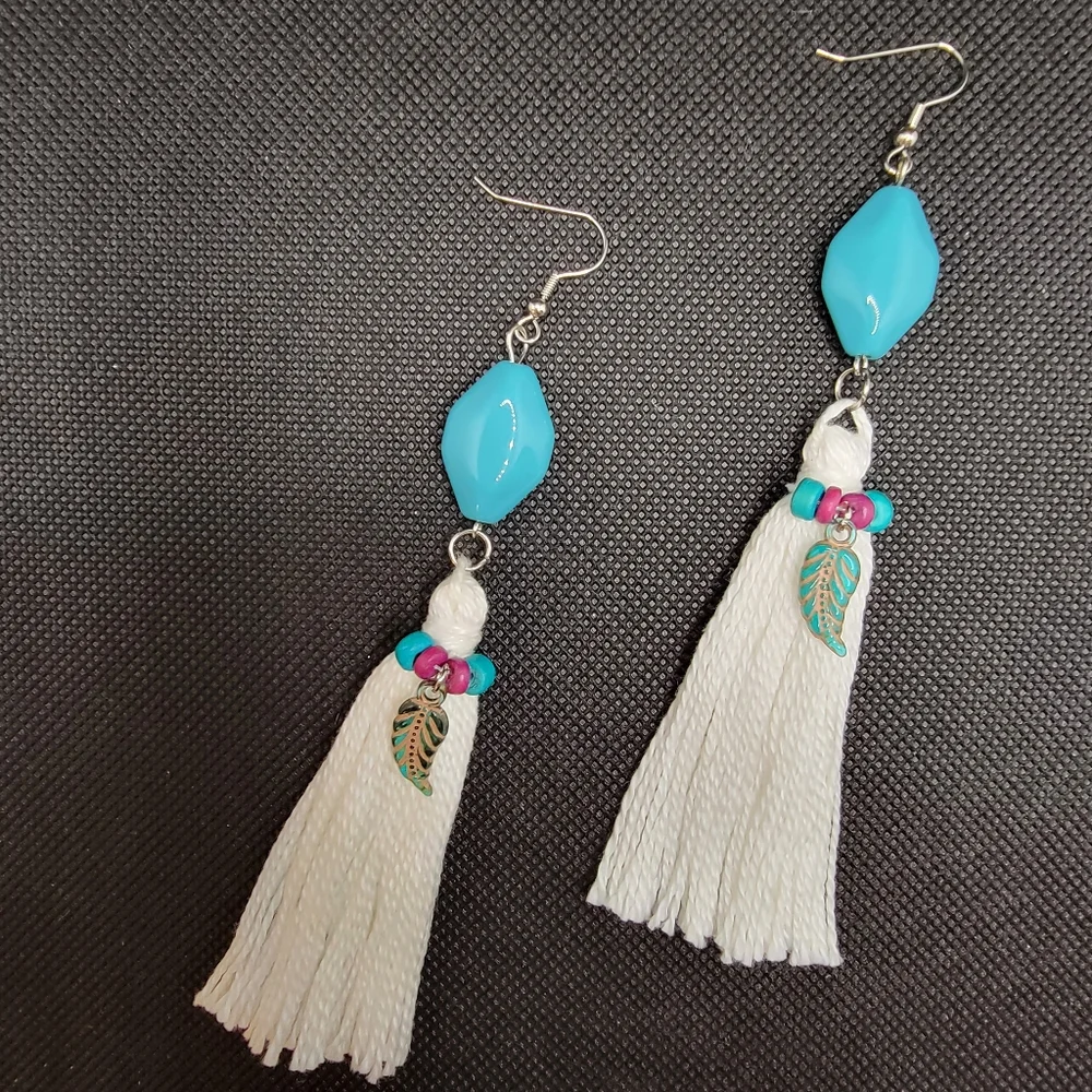 Handmade Tassel Earrings Beaded Turquoise Fuchsia and Feathers boho Hippie